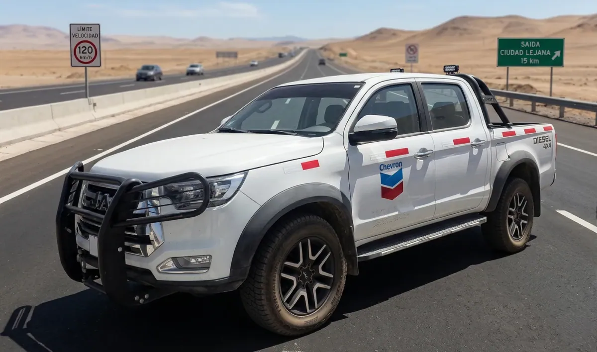 Camioneta pickup con el logotipo de Chevron circulando por carretera